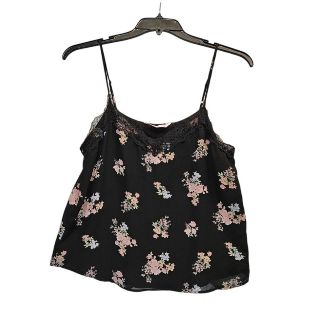 SO Top Juniors Large‎ Black Pink Lace Inset Cami Floral Chiffon Shirt Sleeveless